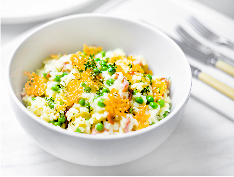 CHEDDAR, BACON AND GARDEN PEA RISOTTO