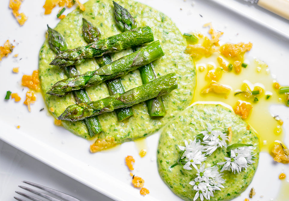 English Asparagus with Cheddar, Chickpea and Wild Garlic puree, Cheddar crumb and wild Garlic Oil