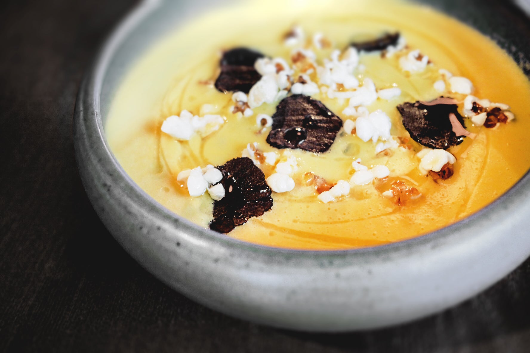 Fresh Corn and Barber`s Mature Cheddar Soup, Truffle and Popcorn.   Recipe by Rick Bartram at The Intercontinental Shanghai Hongqiao NECC