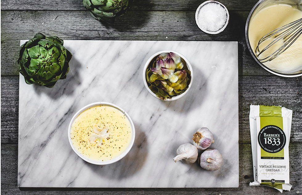 Garlic Cheese Dipping Sauce and Fresh Artichoke