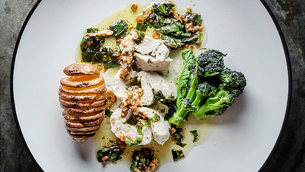 Wild Garlic Chicken with Hasselback Potato and spring Broccoli